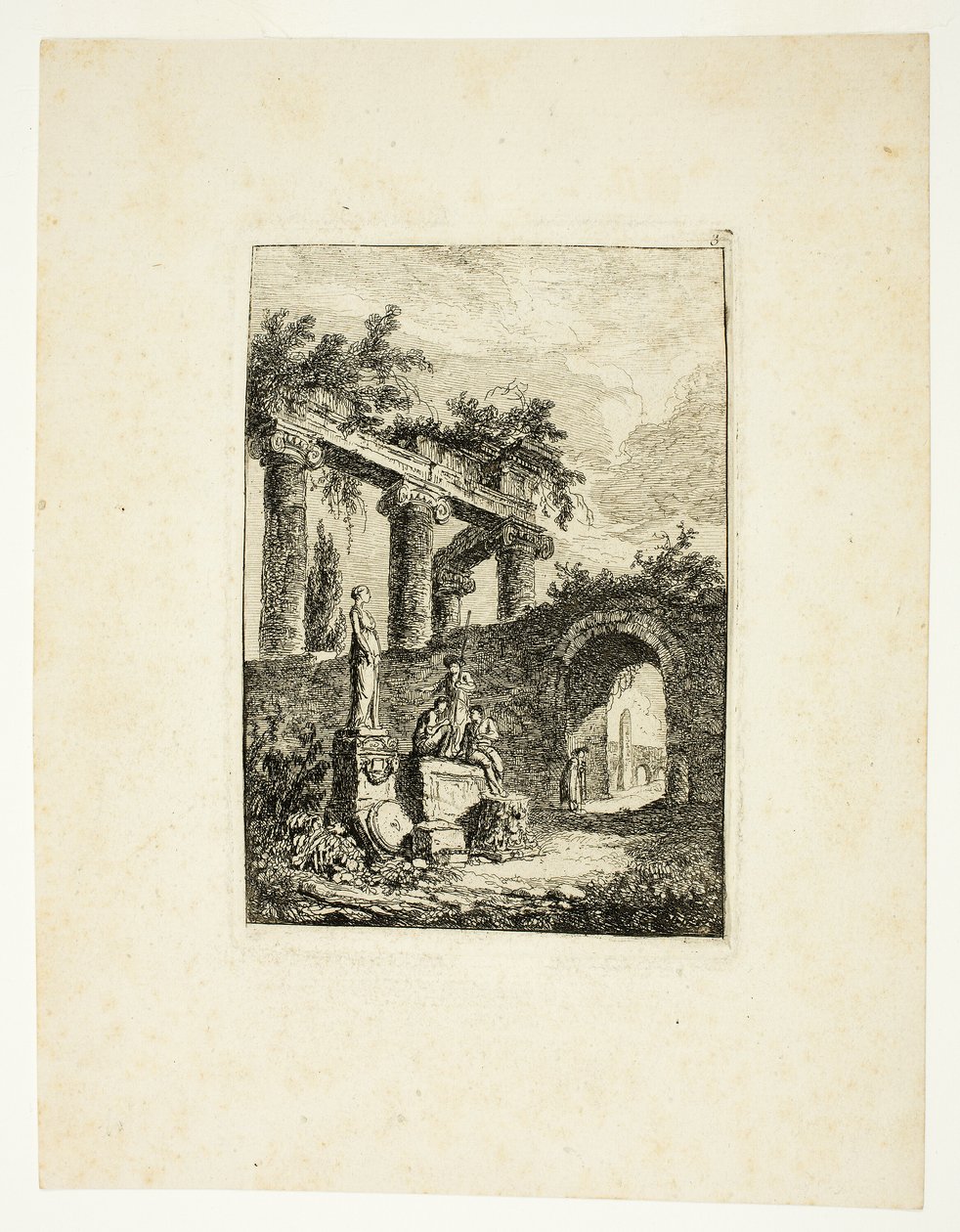 Posąg przed ruinami, płyta trzecia z Les Soirées de Rome autorstwa Hubert Robert