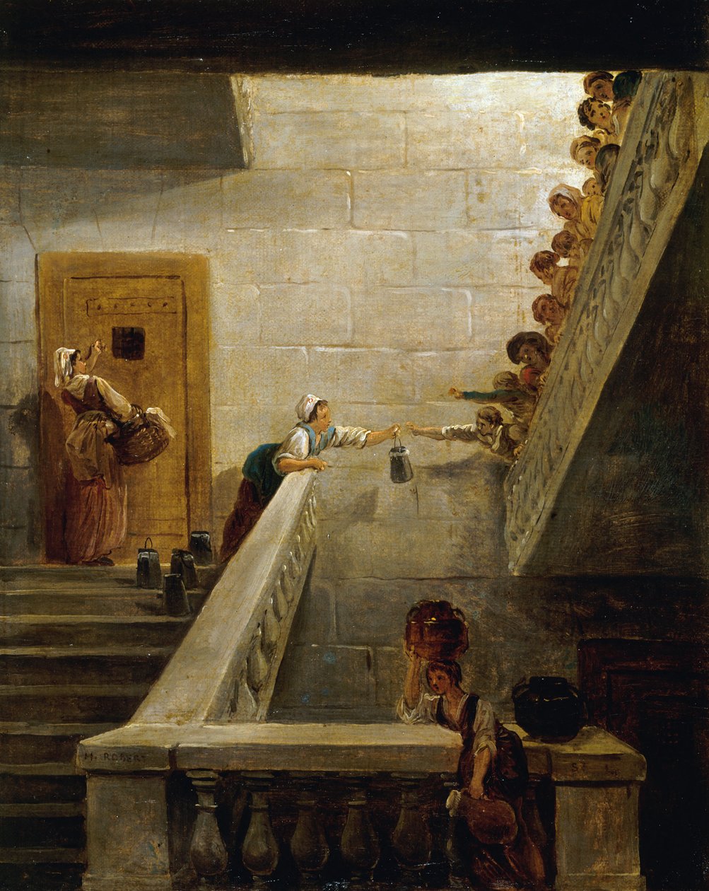 Dystrybucja mleka w więzieniu Saint-Lazare, ok. 1794 r. autorstwa Hubert Robert