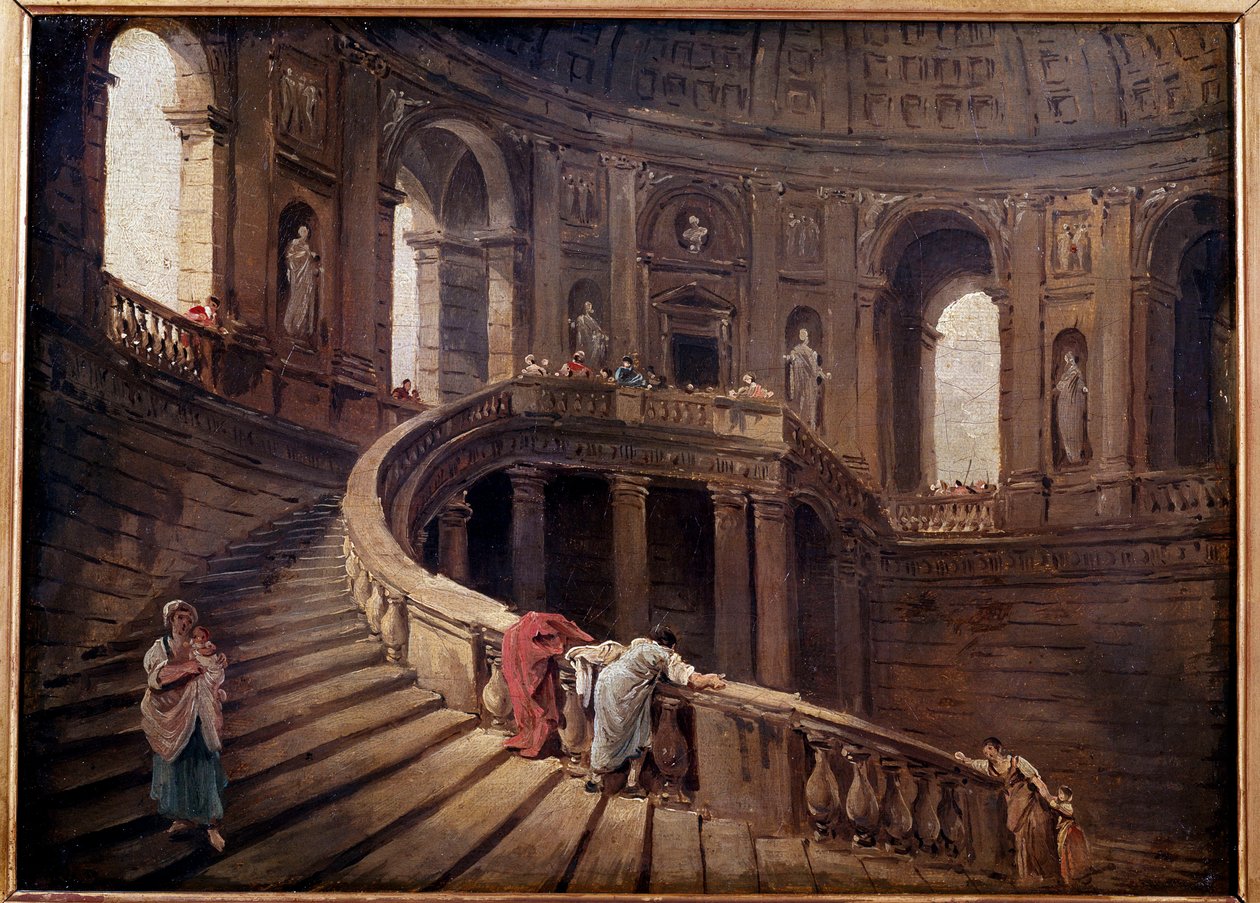 Obrotowe schody Palazzo Farnese a Caprarola Obraz Huberta Roberta (1733-1808) XVIII-wieczne Słońce. 0,24x0,33 m² autorstwa Hubert Robert