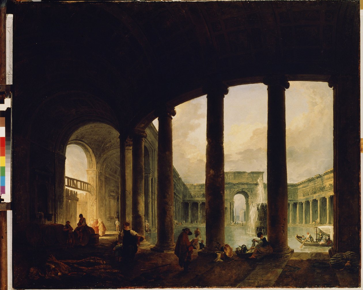 ""Basen otoczony kolumnadą"" (Basen otoczony kolumnadą (Villa Giulia?)) To może być Villa Giulia w Rzymie. Obraz Huberta Roberta (1733-1808) Ermitaż w Petersburgu autorstwa Hubert Robert