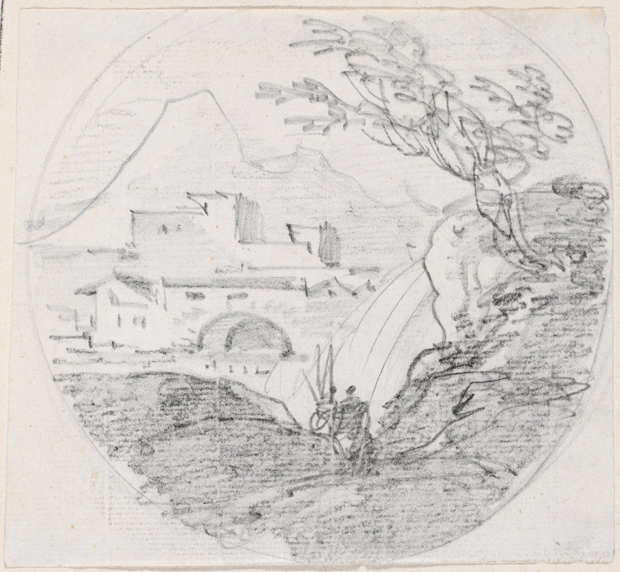 Widok z grzbietu na wioskę i odległą górę autorstwa Hubert Robert