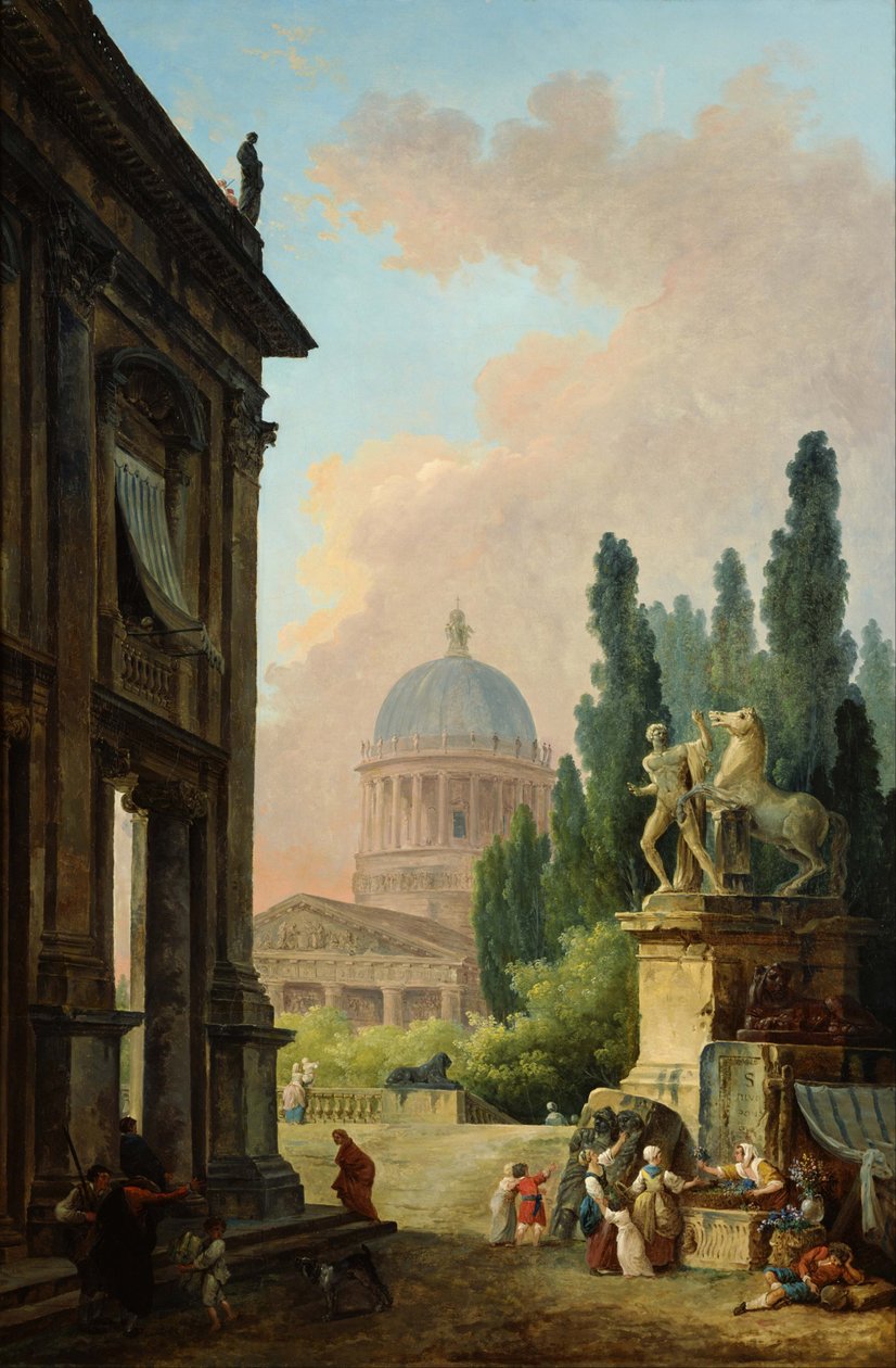 Widok Rzymu z poskramiaczem koni z Monte Cavallo, 1786 autorstwa Hubert Robert