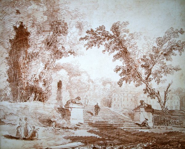 Widok na ogród z tarasem (czerwona kreda na papierze) autorstwa Hubert Robert
