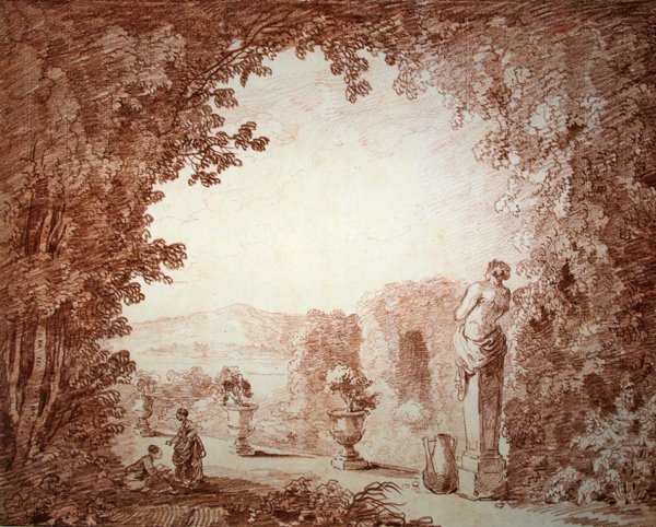 Widok ogrodu z rzeźbami (czerwona kreda na papierze) autorstwa Hubert Robert