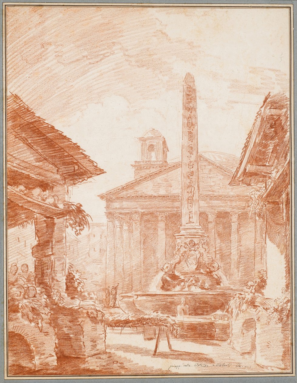Widok na Piazza della Rotonda w Rzymie z fontanną Trytonów i fasadą Panteonu autorstwa Hubert Robert