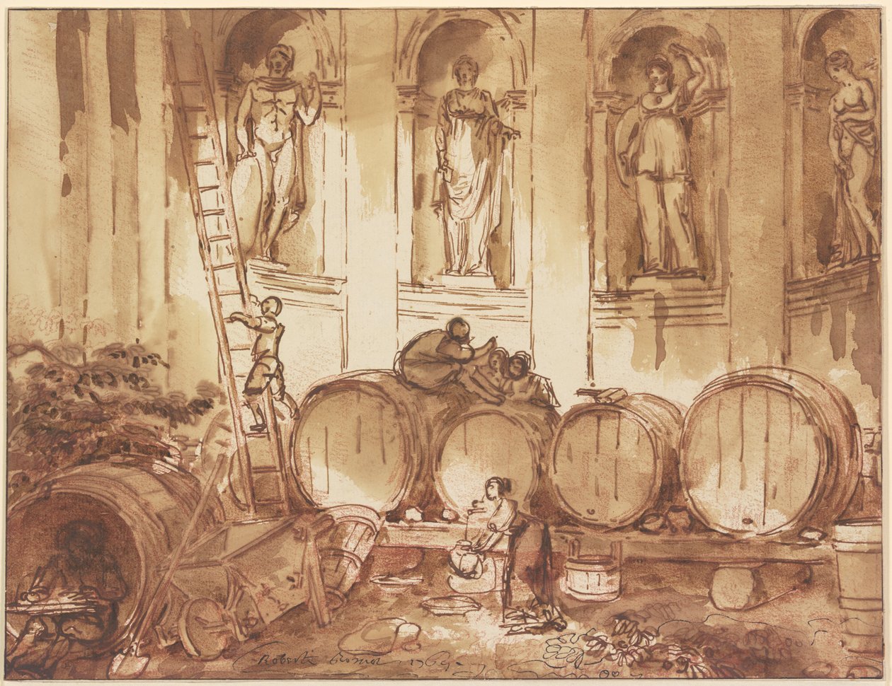 Magazyn wina w hali z niszami, w której znajdują się cztery posągi starożytnych bóstw autorstwa Hubert Robert