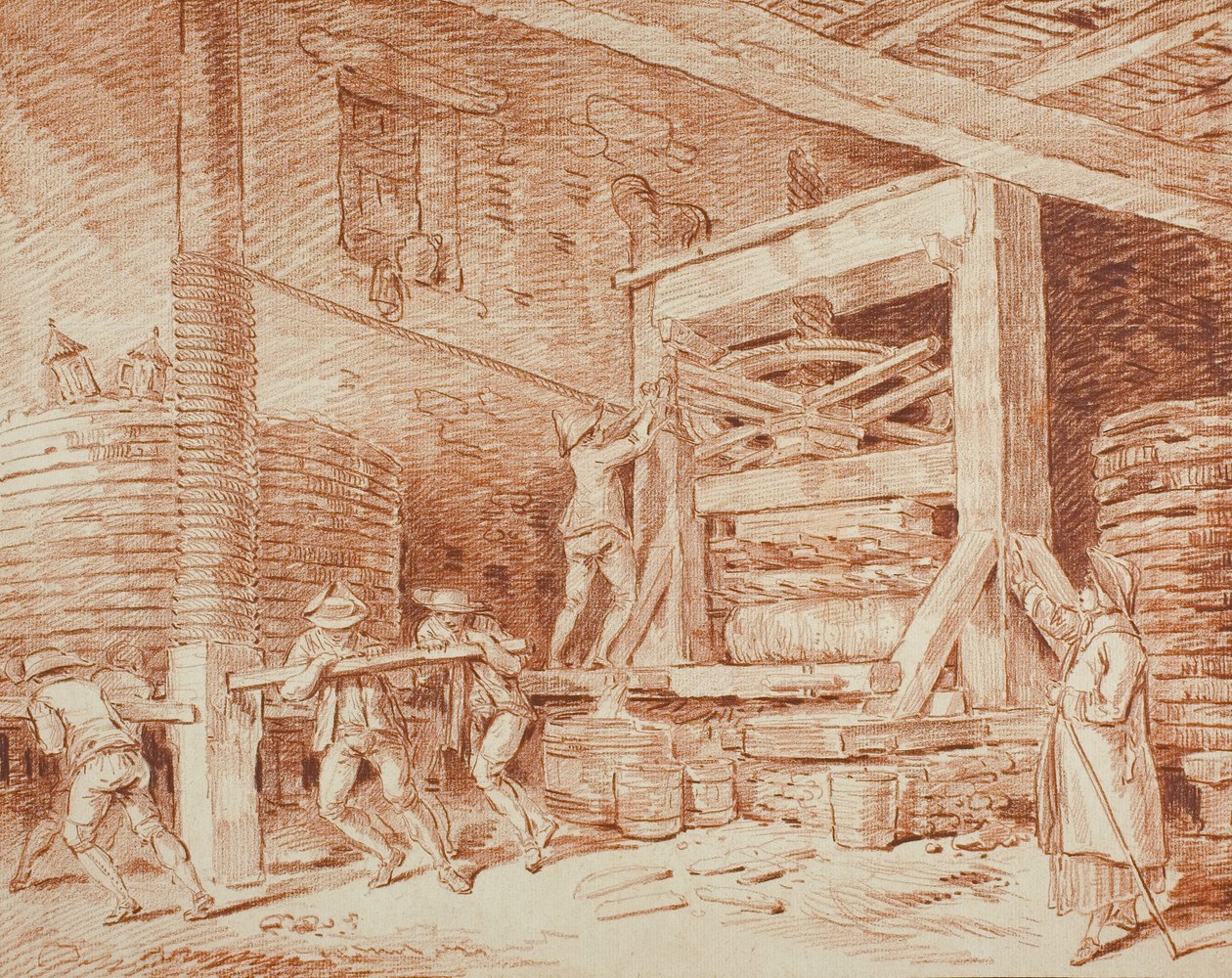 Prasa do wina, ok. 1759 (czerwona kreda na papierze beżowożółtym, nałożona na kartonie kremowym) autorstwa Hubert Robert