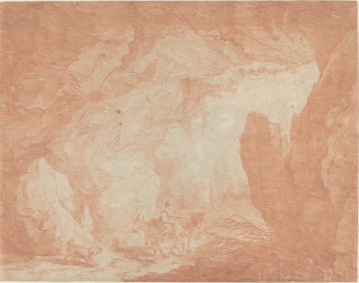 Młoda kobieta z osłami jadą pod naturalnym mostem autorstwa Hubert Robert