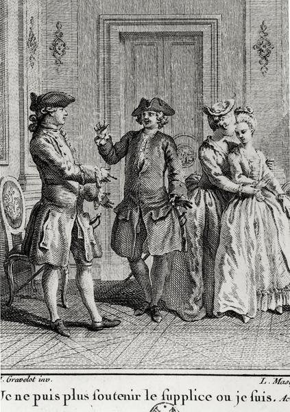 Nie mogę już znieść udręki tutaj, gdzie jestem, ilustracja do Eugenii autorstwa Beaumarchais, rytowana przez Louisa Josepha Masqueliera (1741-1811) autorstwa Hubert after Gravelot