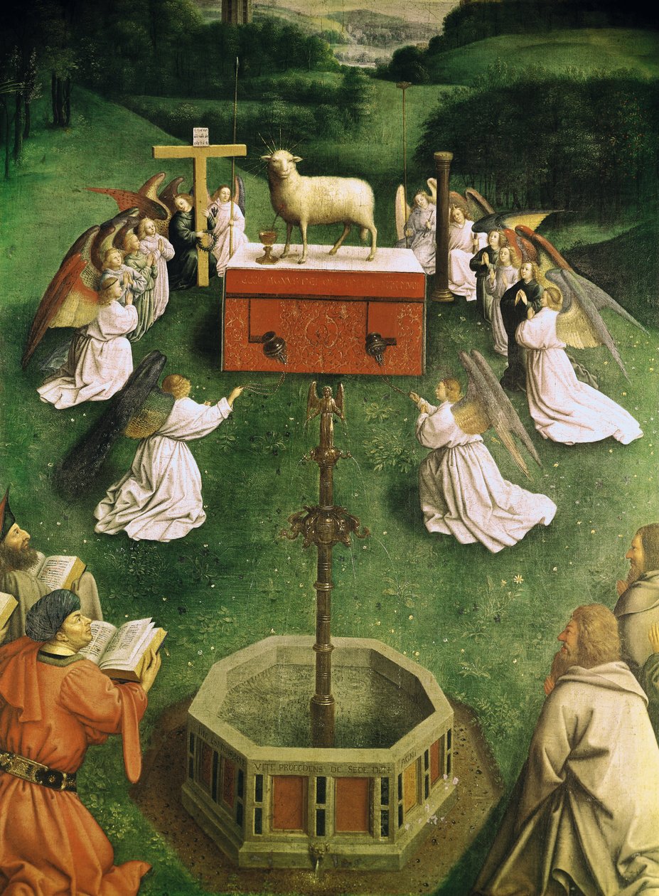 Kopia Adoracji Mistycznego Baranka, z Ołtarza Gandawskiego, dolna połowa środkowego panelu (olej na panelu) (patrz także 166057) autorstwa Hubert and Jan van  Eyck