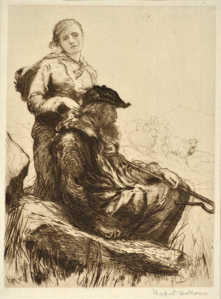 Pasterz i jego córka, c.1879 (akwaforta) autorstwa Hubert von Herkomer
