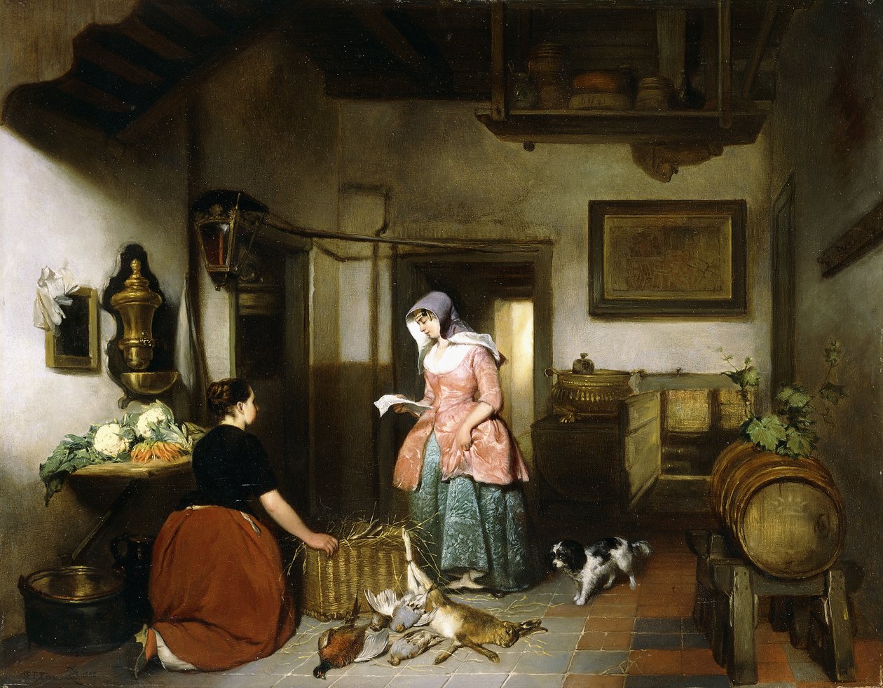 Wnętrze spiżarni z grą sprzątającą kobiety, 1852 autorstwa Hubertus van Hove