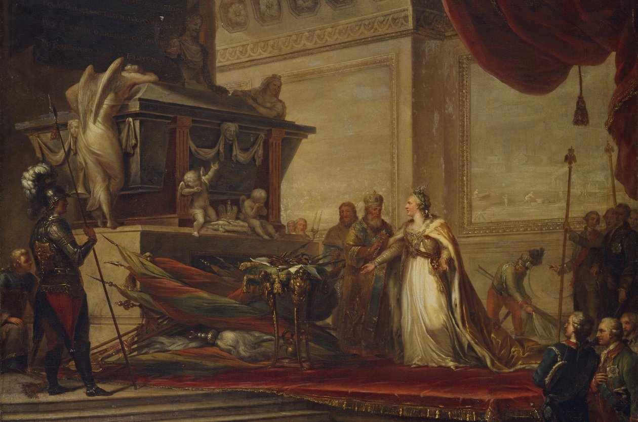 Katarzyna II składa trofea bitwy pod Chesmą na grobie Piotra Wielkiego, 1791 autorstwa Hüne