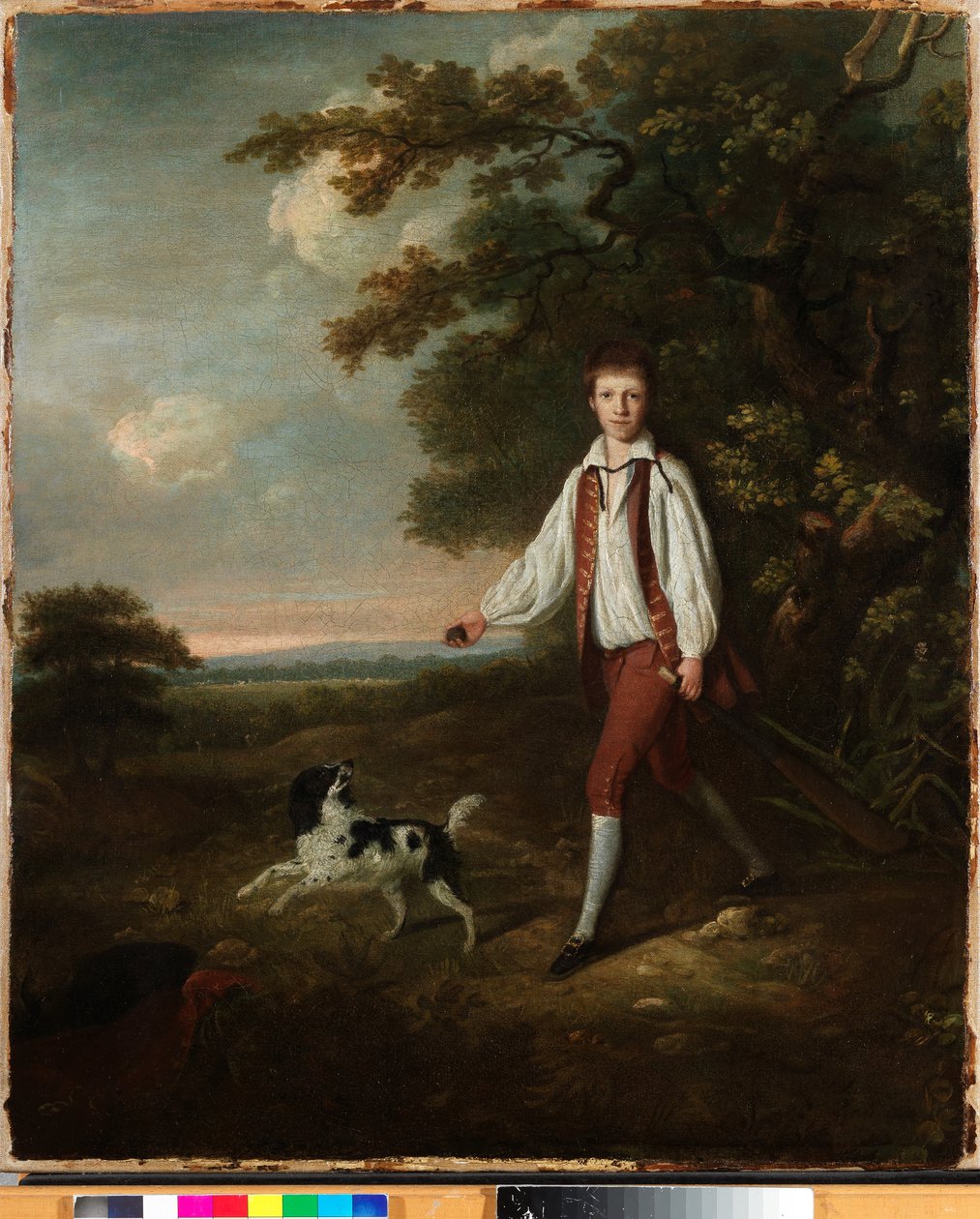 Portret młodzieńca trzymającego kij do krykieta i piłkę ze swoim zwierzakiem czarno-biały springer spaniel na polanie przy zalesionym krajobrazie autorstwa Hugh Barron