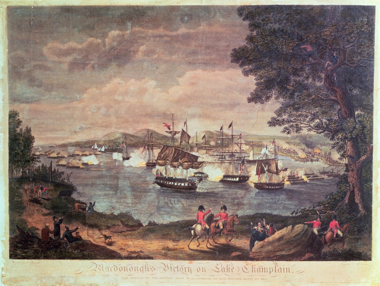 Zwycięstwo Macdonougha nad jeziorem Champlain i klęska armii brytyjskiej pod Plattsburgiem przez generała Macomba w dniu 11 września 1814, 1816 (kolor grawerowania) autorstwa Hugh Reinagle