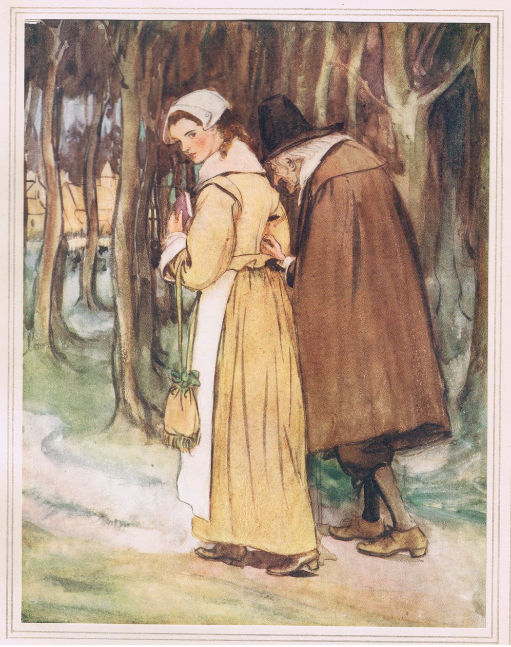 Młoda dziewczyna zerkająca na szkarłatną literę autorstwa Hugh Thomson