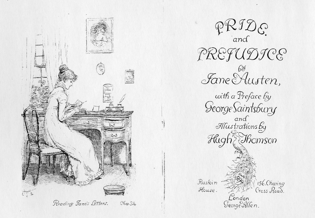 Frontispis i strona tytułowa do "Dumy i uprzedzenia" Jane Austen, wydanie opublikowane w 1894 r. autorstwa Hugh Thomson