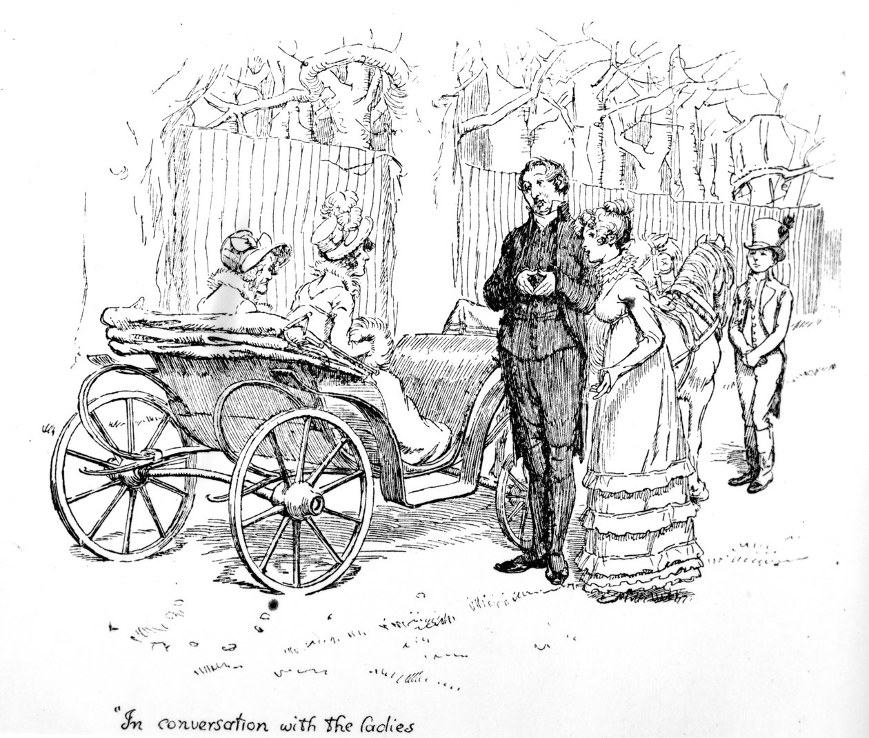 „W rozmowie z paniami”, ilustracja z „Duma i uprzedzenie” Jane Austen, wydanie z 1894 r. autorstwa Hugh Thomson