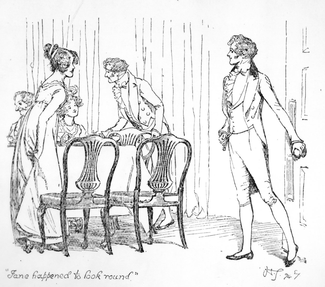 „Jane przypadkiem się rozejrzała”, ilustracja z „Duma i uprzedzenie” Jane Austen, wydanie z 1894 r. autorstwa Hugh Thomson