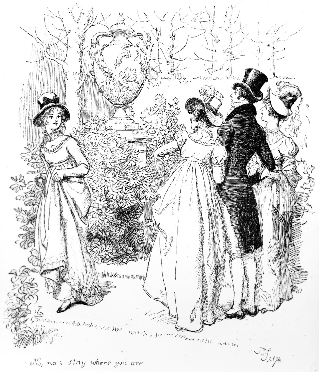 „Nie, nie, zostań tam, gdzie jesteś”, ilustracja z „Duma i uprzedzenie” Jane Austen, wydanie z 1894 r. autorstwa Hugh Thomson