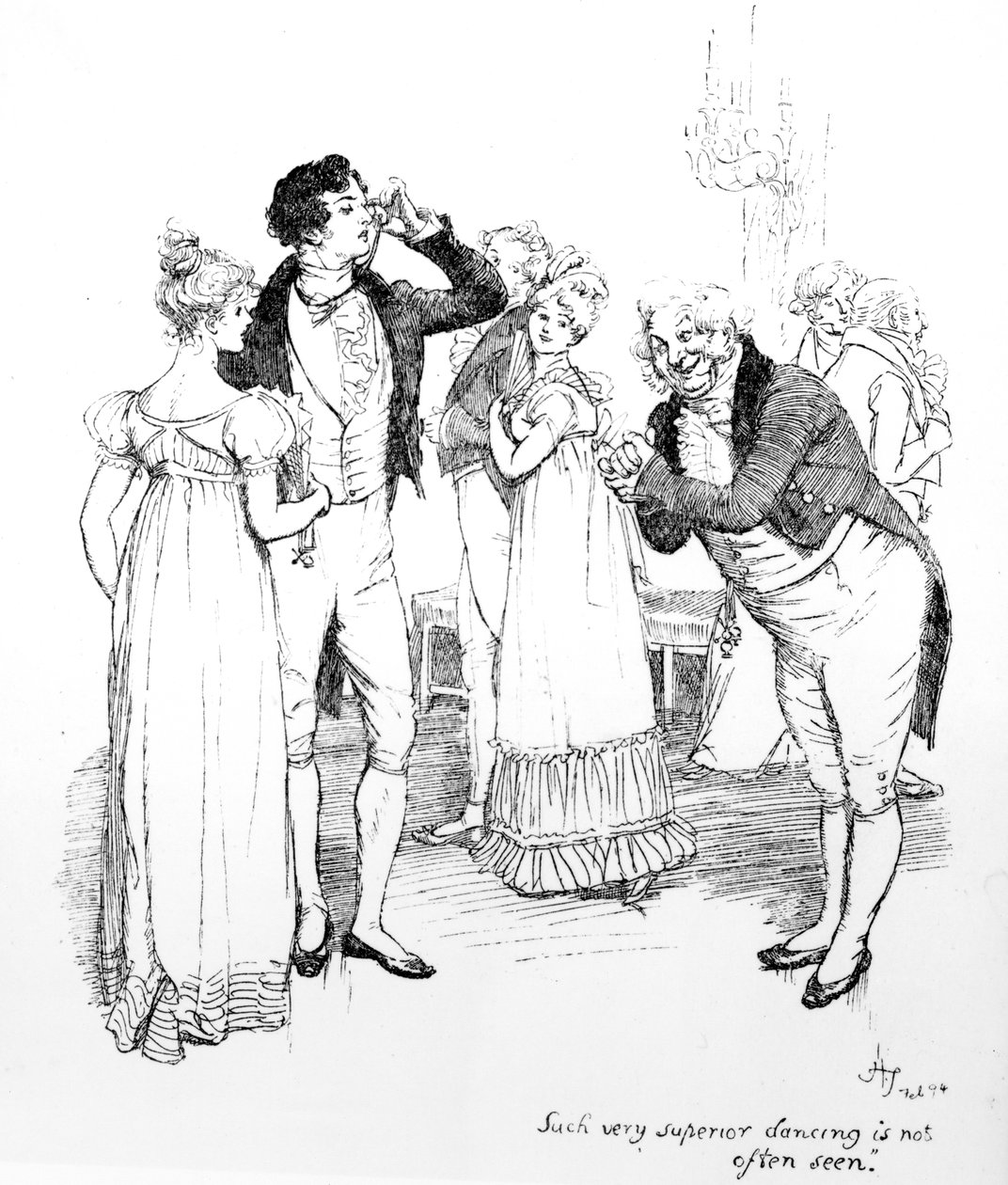 Tak doskonały taniec nie jest często spotykany", ilustracja z "Dumy i uprzedzenia" Jane Austen, wydanie opublikowane w 1894 r. autorstwa Hugh Thomson
