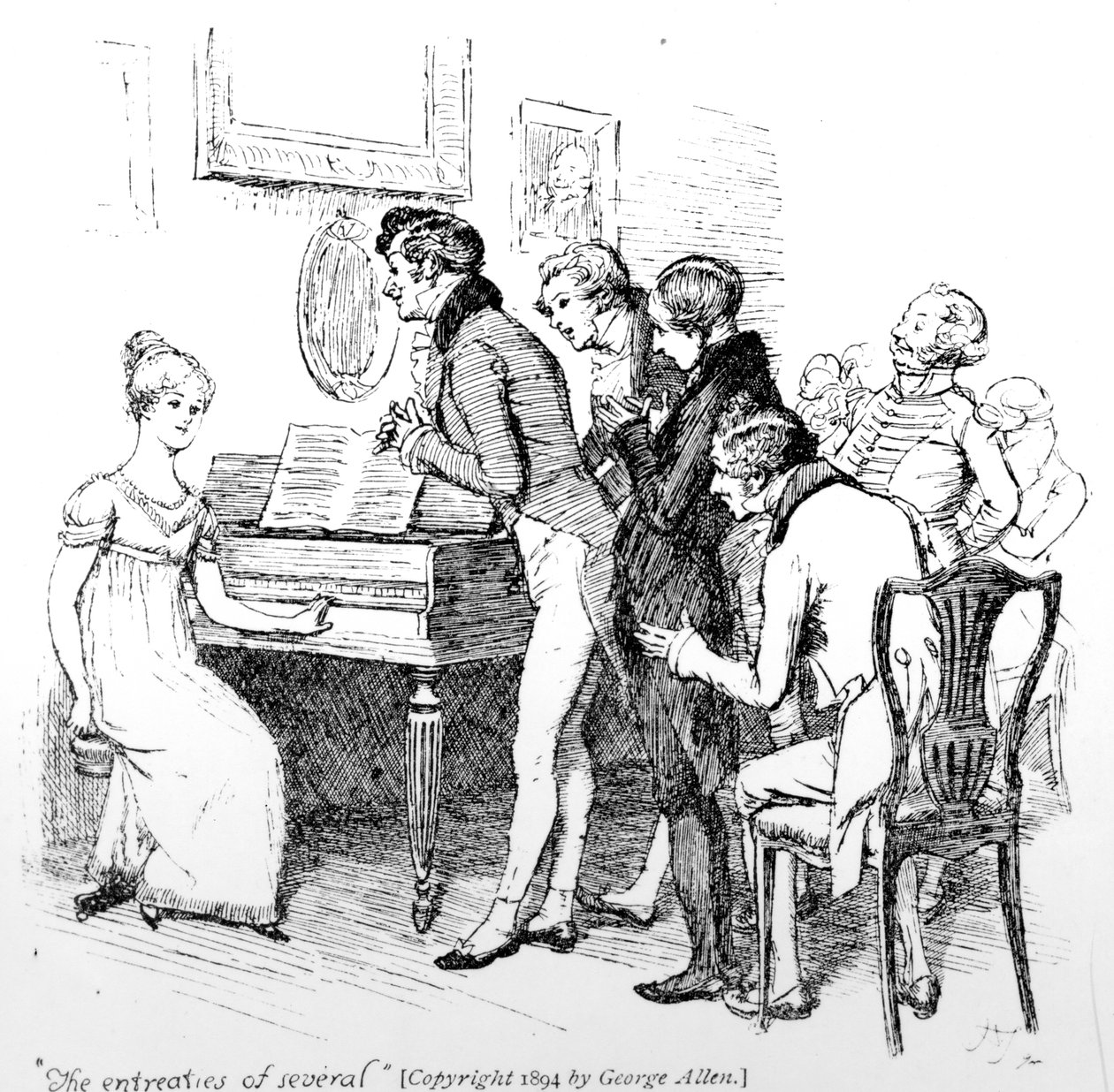 „Błagania kilku”, ilustracja z „Duma i uprzedzenie” Jane Austen, wydanie z 1894 r. autorstwa Hugh Thomson
