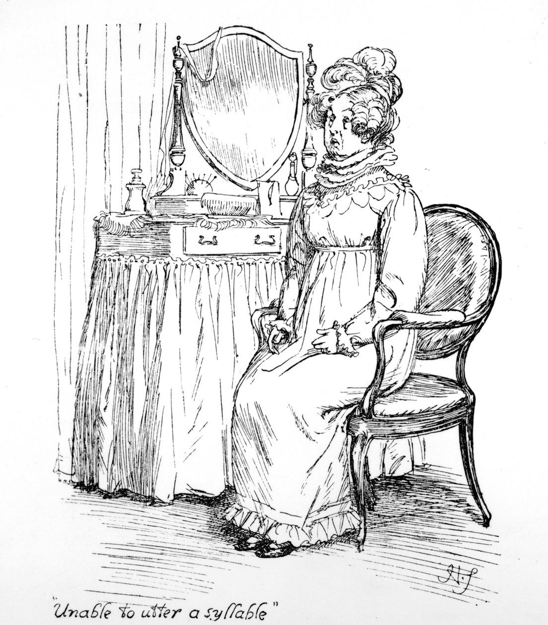 „Nie mogę wypowiedzieć sylaby”, ilustracja do „Dumy i uprzedzenia” Jane Austen, wydanie z 1894 r. autorstwa Hugh Thomson