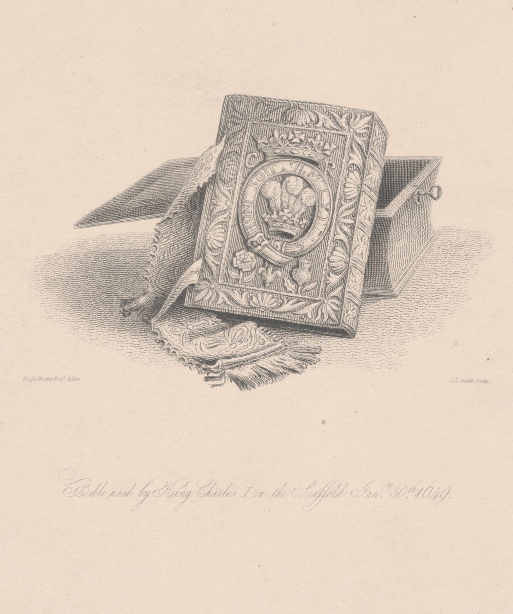 Biblia użyta przez króla Karola I na szafocie 30 stycznia 1649, grawerowana przez C.J. Smith autorstwa Hugh Irvine