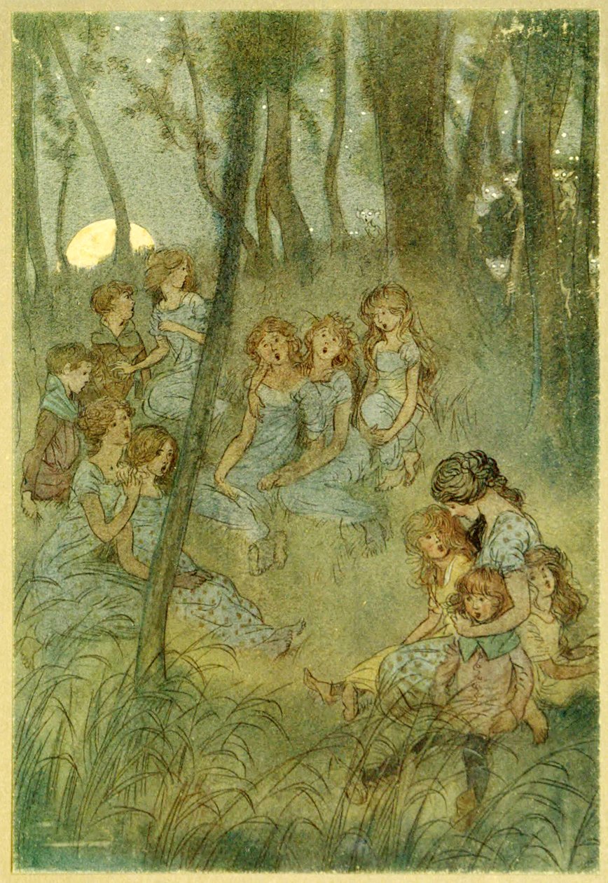 I nocne łąkowe wróżki, patrzcie, śpiewajcie, z pubu Wesołe kumoszki z Windsoru. 1910 autorstwa Hugh Thomson