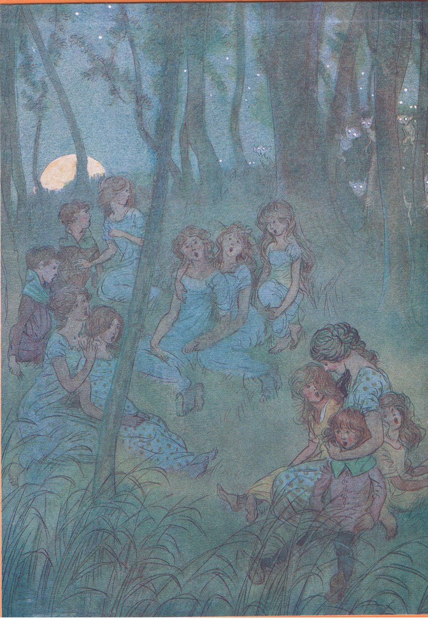 I nocne łąkowe wróżki, patrzcie jak śpiewacie, ilustracja z Wesołych kumoszków z Windsoru, 1910 autorstwa Hugh Thomson