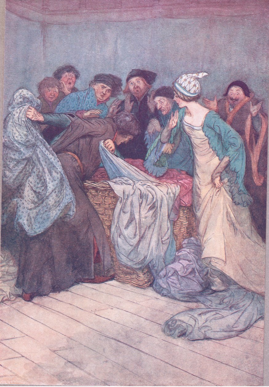 Czy się nie wstydzisz? Zostaw ubrania w spokoju, ilustracja z Wesołych kumosz z Windsor, 1910 autorstwa Hugh Thomson