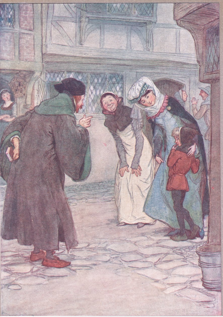 Chodź, sirrah, odpowiedz swemu panu, nie bój się, ilustracja z Wesołych kumosz z Windsoru, 1910 autorstwa Hugh Thomson
