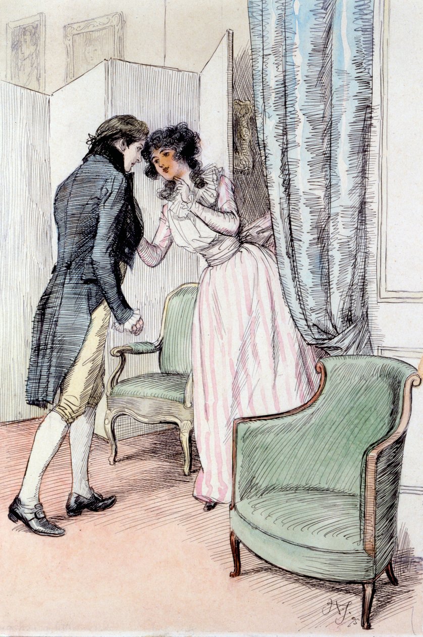 Drawing Him a Little Aside, ilustracja z "Sense and Sensibility" Jane Austen, opublikowana w 1895 roku (pióro i farba na papierze) autorstwa Hugh Thomson