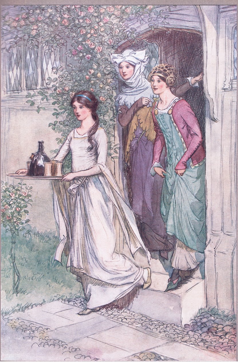 „Wprowadź Anne Page z winem, Mistress Ford i Mistress Page follow”, ilustracja z „Wesołych kumoszków z Windsoru” autorstwa Hugh Thomson