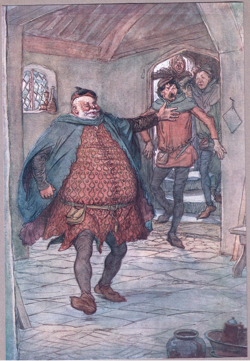 Wejdź Falstaff, pistolet, Nym i Bardolph, ilustracja z Wesołych kumoszków z Windsoru, 1910 autorstwa Hugh Thomson