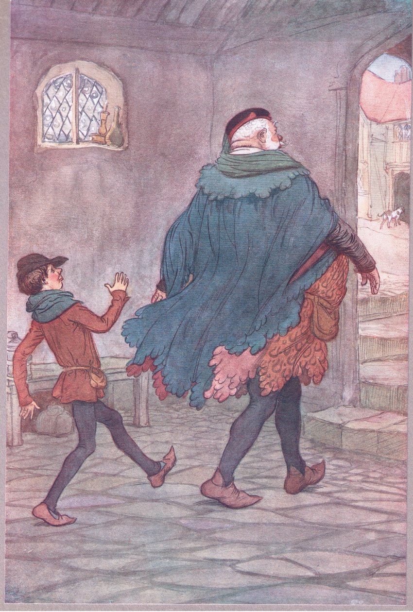 Exeunt Falstaff i Robin, ilustracja z Wesołych żon z Windsoru, 1910 autorstwa Hugh Thomson