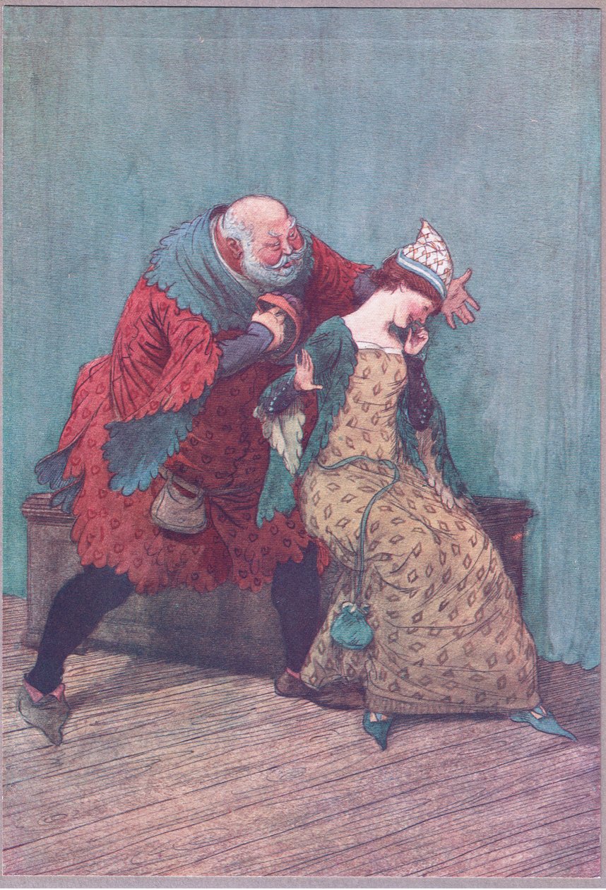 Nie mogę ząbkować, a oni mówią „hou, to a tamto, jak wiele sepleniących pąków głogu, ilustracja z Wesołych kuzynek z Windsoru”, 1910 autorstwa Hugh Thomson