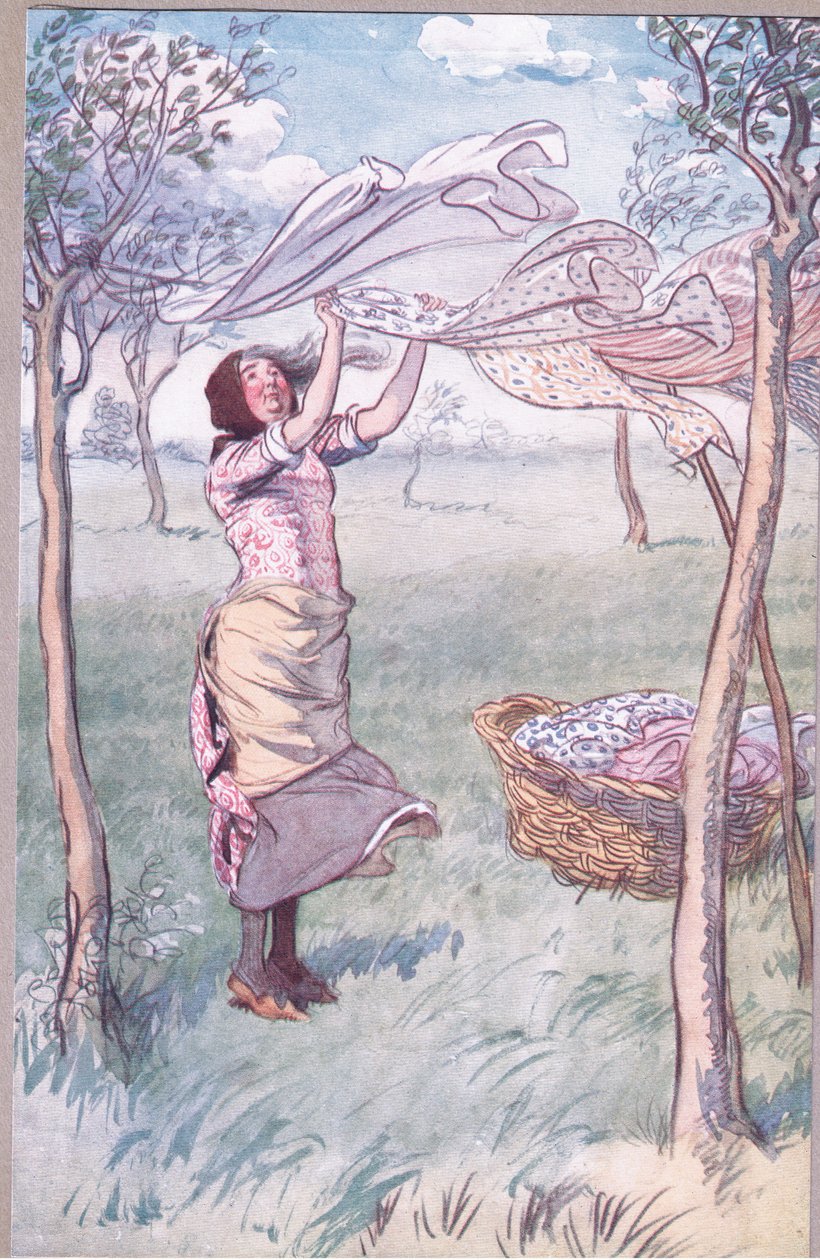 „Praczę, wyżymuję…..i robię wszystko sam”, ilustracja z „Wesołych kumoszków z Windsoru” autorstwa Hugh Thomson