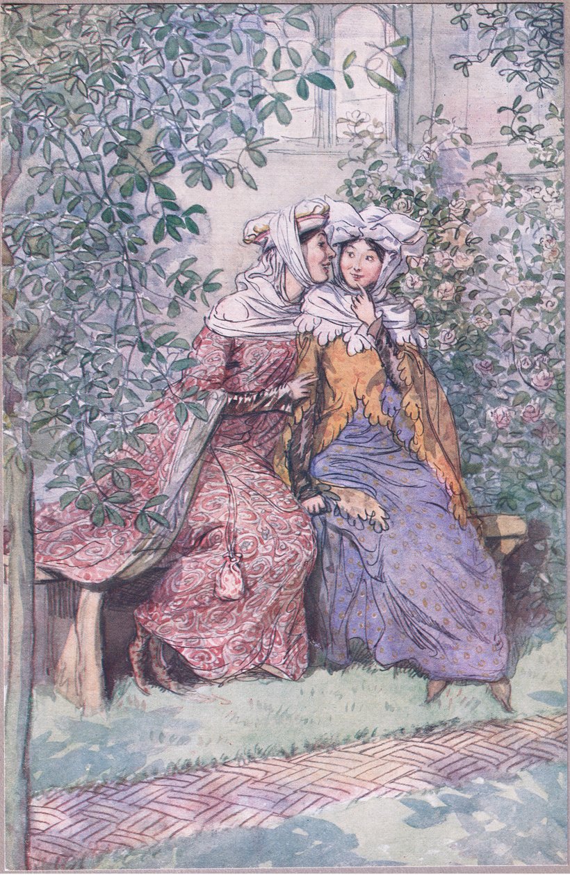 Skonsultujmy się razem przeciwko temu tłustemu rycerzowi, ilustracja z Wesołych kuzyn z Windsoru, 1910 autorstwa Hugh Thomson