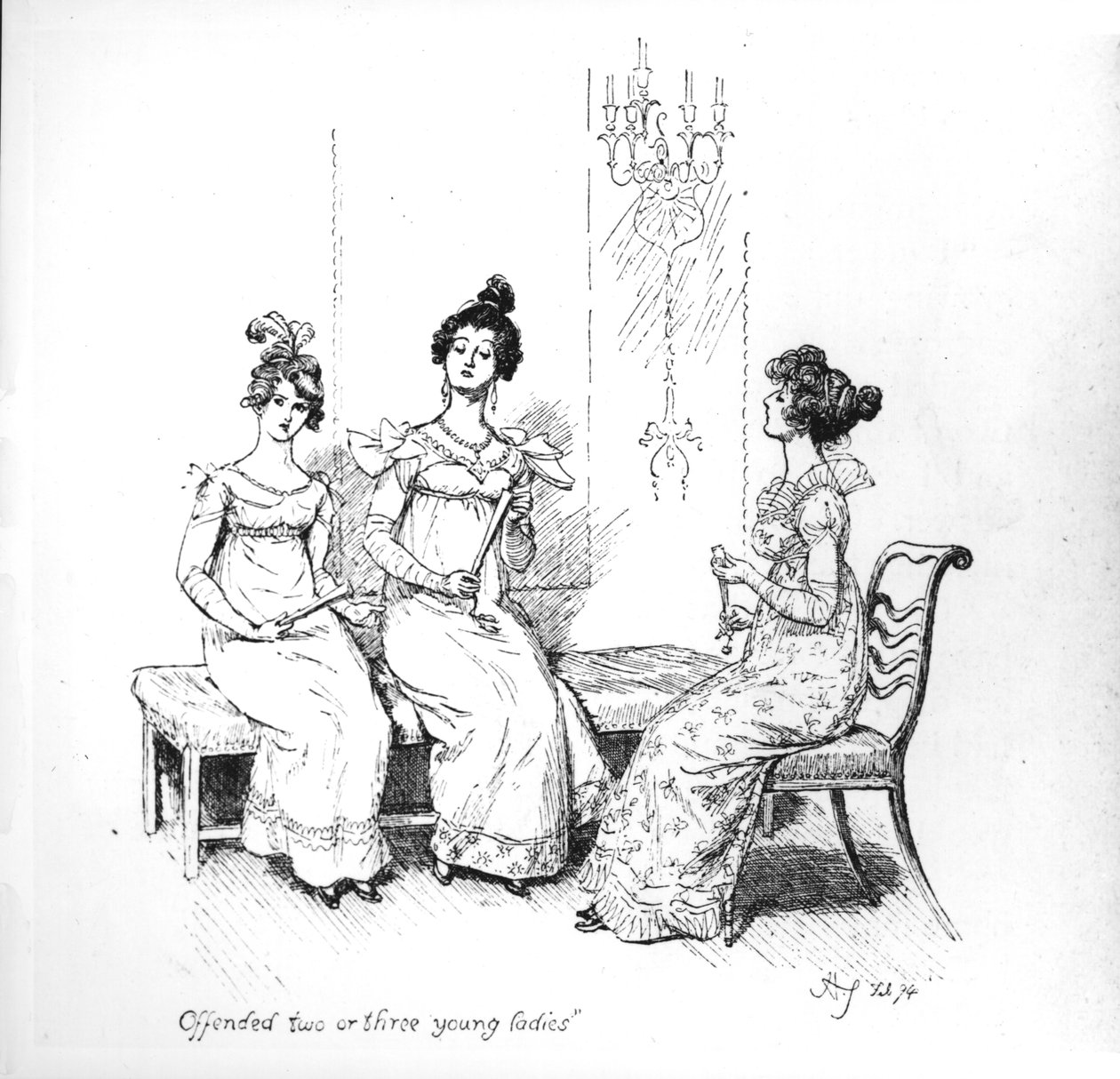 „Obrażone dwie lub trzy młode damy”, siostry Bingley z „Duma i uprzedzenie” Jane Austen, 1894 (rycina) (fot. bw) autorstwa Hugh Thomson