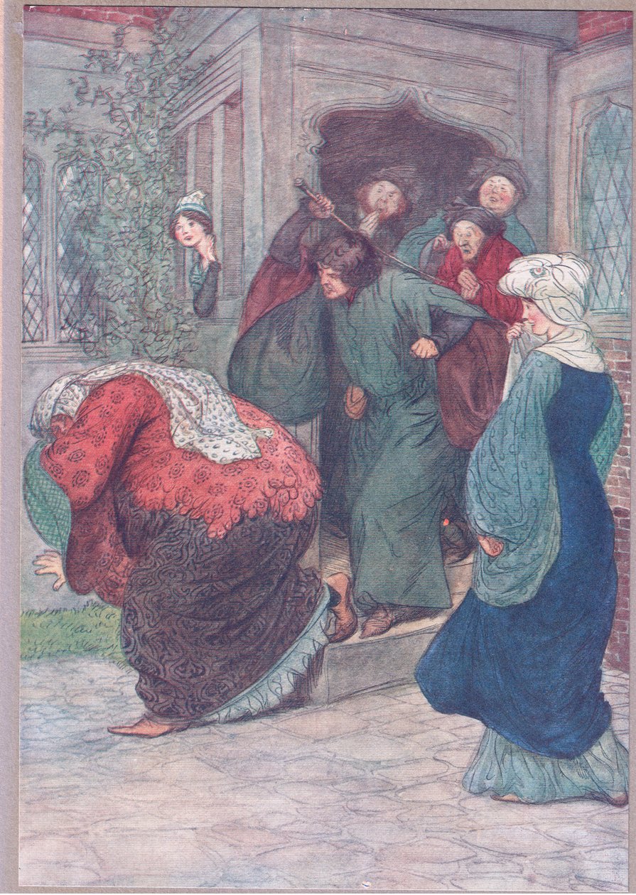 Za moimi drzwiami wiedźmo, ilustracja z Wesołych kuzyn z Windsoru, 1910 autorstwa Hugh Thomson