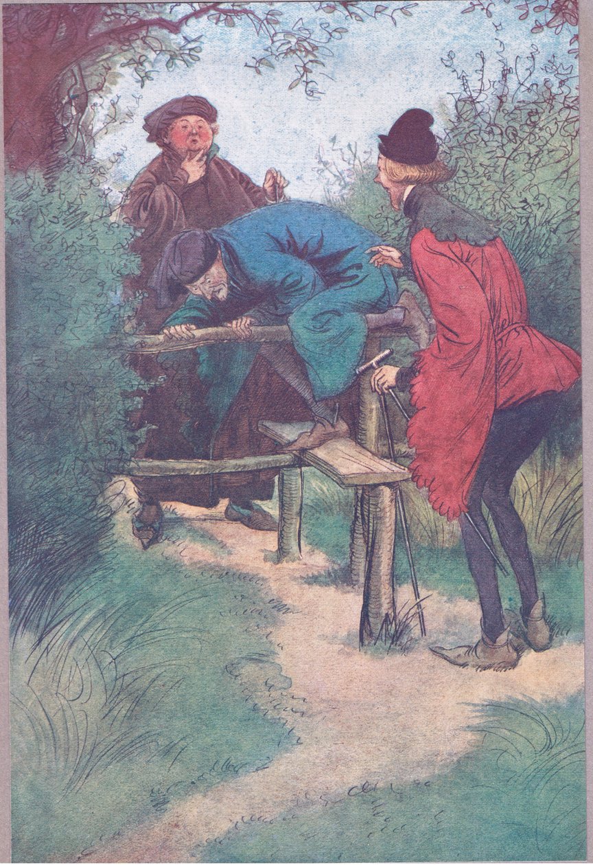 Nadchodzi mój mistrz, Pan Shallow i jeszcze jeden pan z Frogmore, ilustracja z Wesołych kumosz z Windsoru, 1910 autorstwa Hugh Thomson