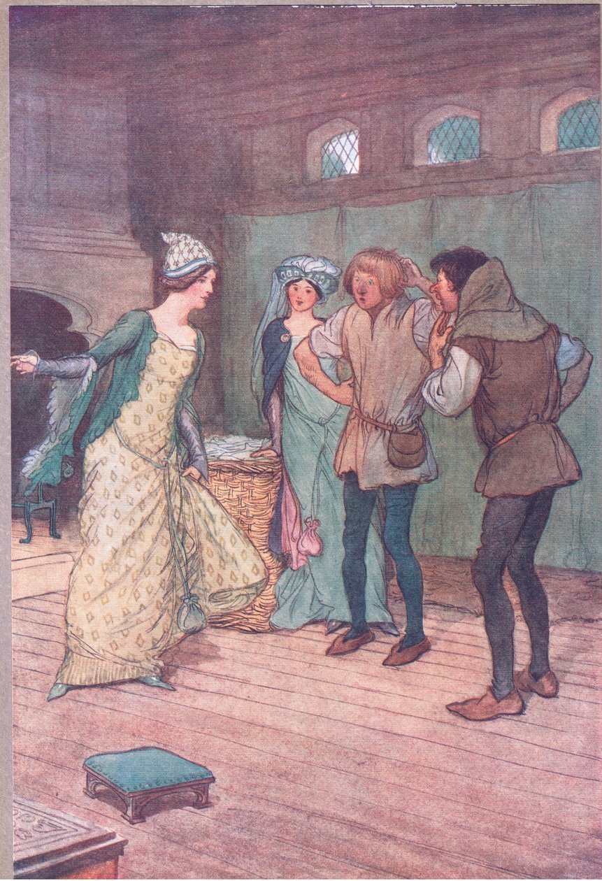 Tam opróżnij go w błotnistym rowie, ilustracja z Wesołych kuzyn z Windsoru, 1910 autorstwa Hugh Thomson
