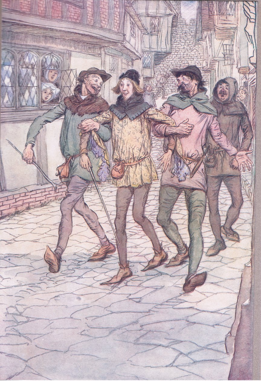 Zawieźli mnie do tawerny, ilustracja z Wesołych kuzyn z Windsoru, 1910 autorstwa Hugh Thomson