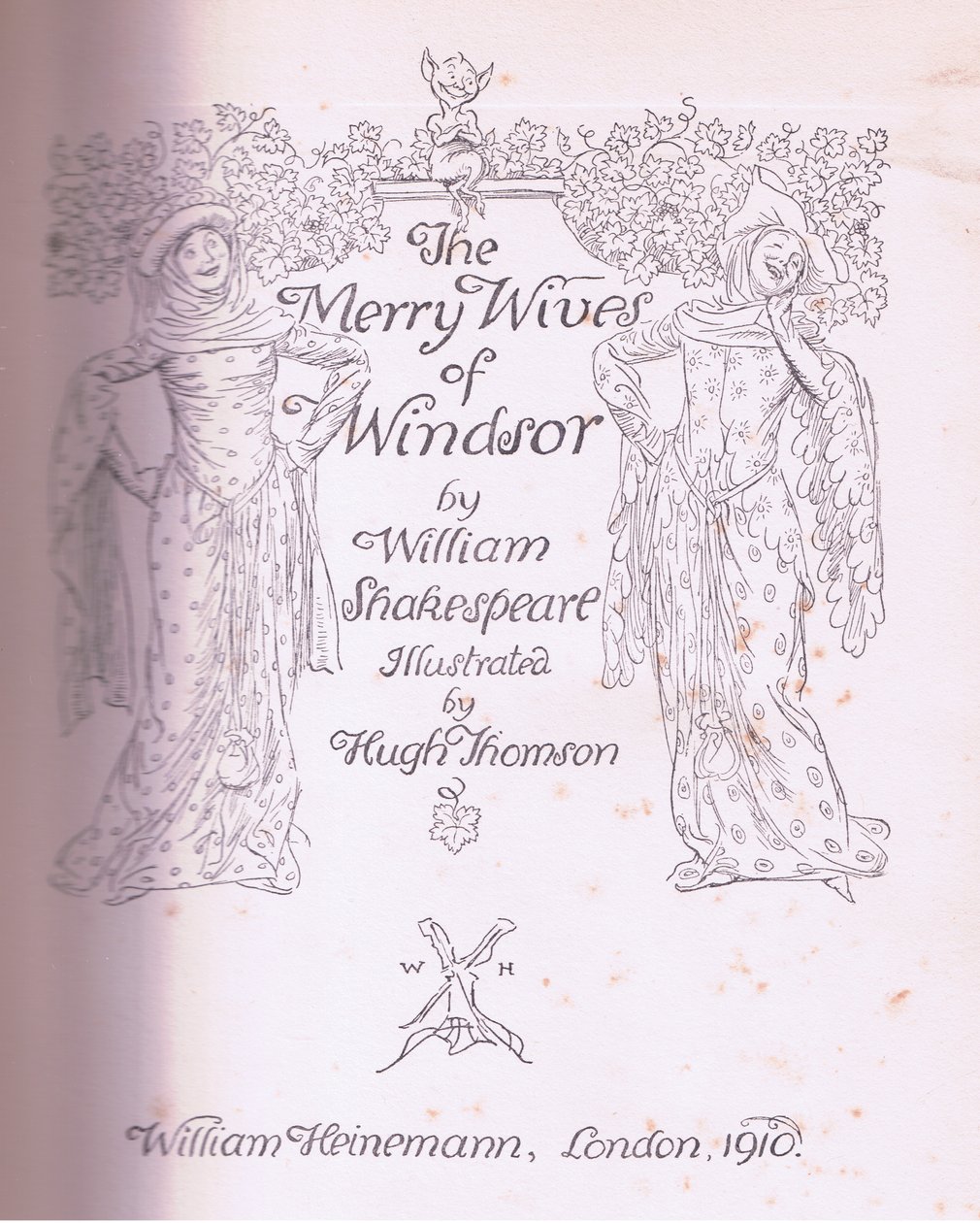Projekt strony tytułowej, ilustracja z Wesołych kumpel z Windsor, 1910 autorstwa Hugh Thomson
