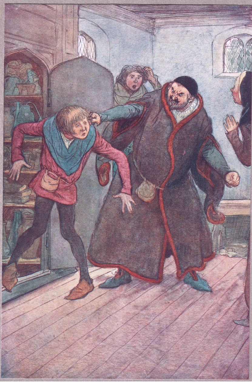 Złoczyńca! Larronie! (Wyciąganie prostego), ilustracja z Wesołych kuzyn z Windsor, 1910 autorstwa Hugh Thomson