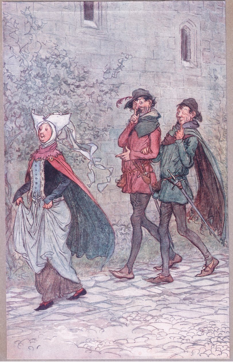 Kiedy pani Bridget zgubiła rączkę wachlarza, ilustracja z Wesołych kuzyn z Windsoru, 1910 autorstwa Hugh Thomson
