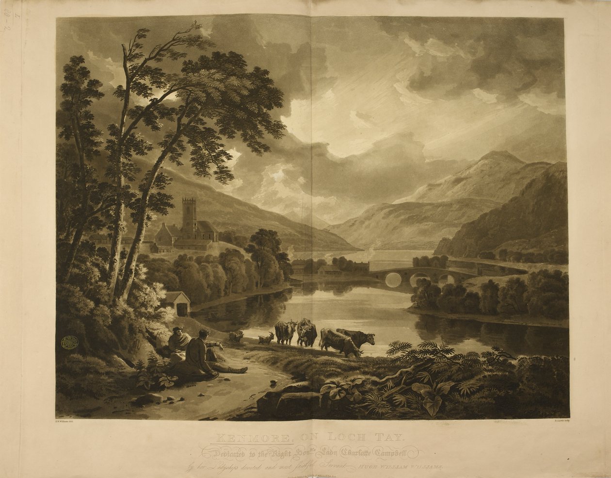 Ilustracja przedstawiająca widok Kenmore na Loch Tay w Szkocji. Jezioro i górski krajobraz w regionie Highlands. autorstwa Hugh William Williams