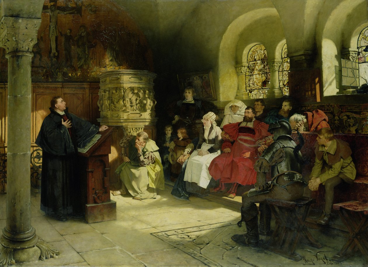 Luter głosi przekład Biblii w więzieniu w Wartburgu w 1882 r. autorstwa Hugo Vogel