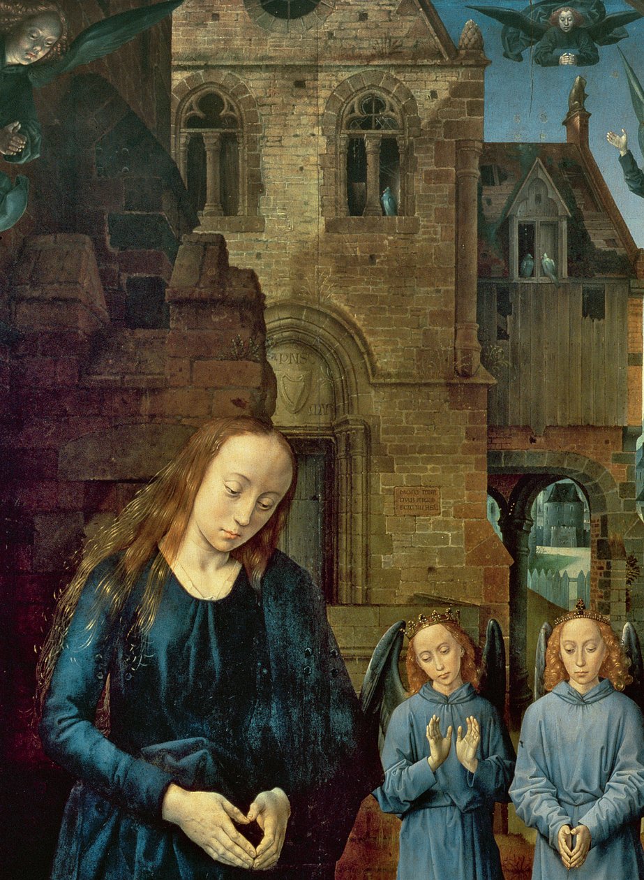 Dzieciątko Jezus adorowane przez anioły, centralny panel ołtarza Portinari, c.1479 (detal z 9619) autorstwa Hugo van der Goes